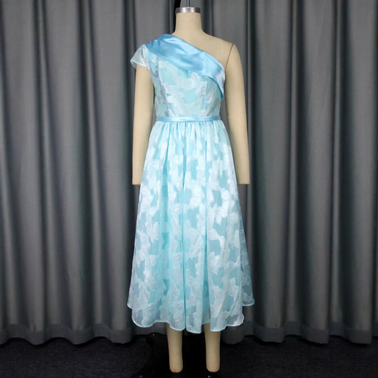 Women's Oblique Shoulder Contrast Color Evening Dress Jacquard Elegant Dress