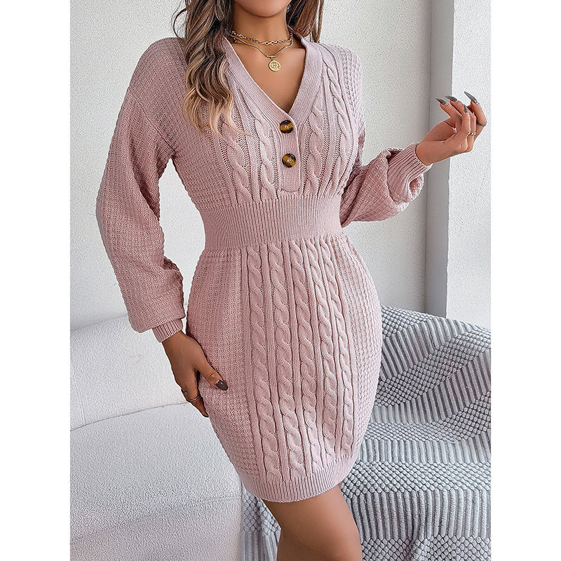 Women's Cable Knit Sweater Dress - V-Neck Button Front Lantern Sleeve Bodycon Mini Dress