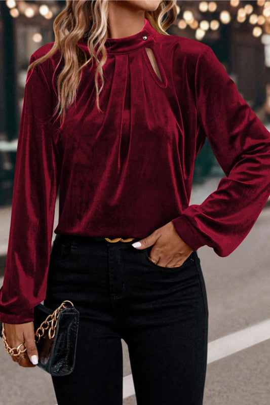 Red Dahlia Asymmetric Button Keyhole Neck Long Sleeve Velvet Blouse