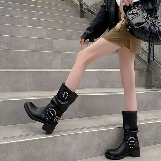 Western Belt Buckle Pile Style Boots Female Tall Knight Boots