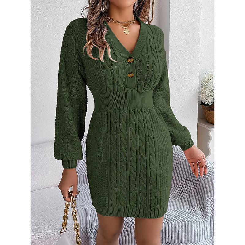 Women's Cable Knit Sweater Dress - V-Neck Button Front Lantern Sleeve Bodycon Mini Dress