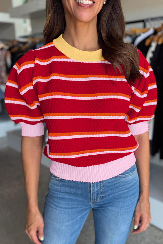 Red Stripe Colorblock Trim Half Sleeve Sweater Top