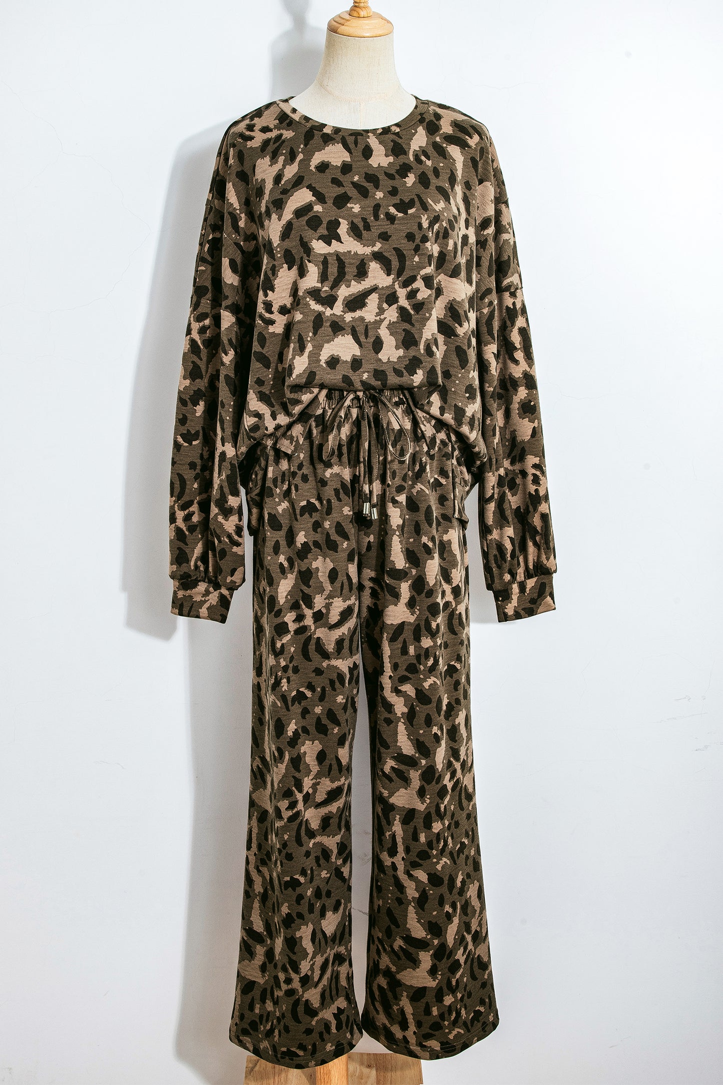 Brown Leopard Print Raw Seam Patchwork Pullover Drawstring Loose Pant Set
