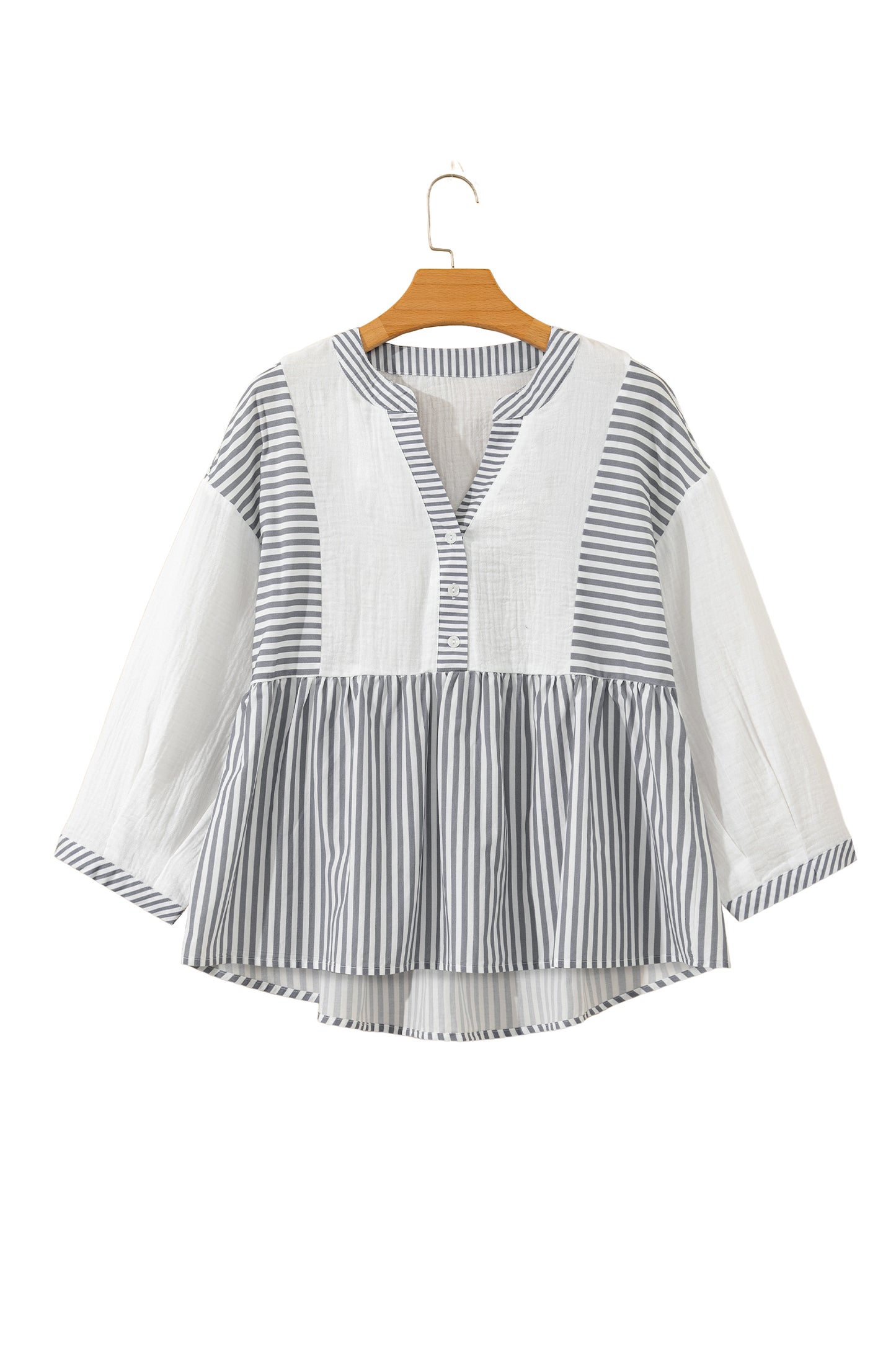 Gray Stripe Half Button Gauze Patchwork Bracelet Sleeve Babydoll Blouse