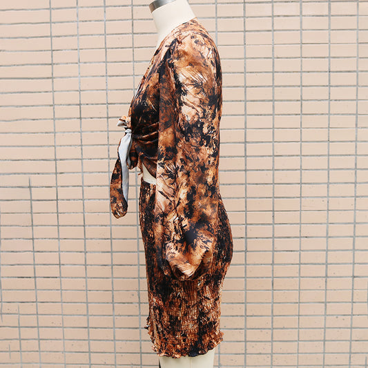 Women's 2 Piece Outfits Tie Knot Front Long Sleeve Crop Top And Mini Skirt Set