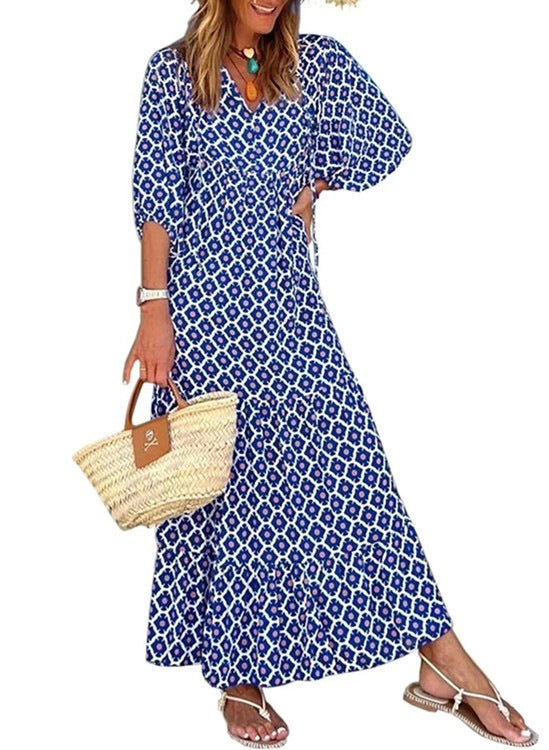 Geometric Print Puff Sleeve Dress Plus Size Women's Clothing