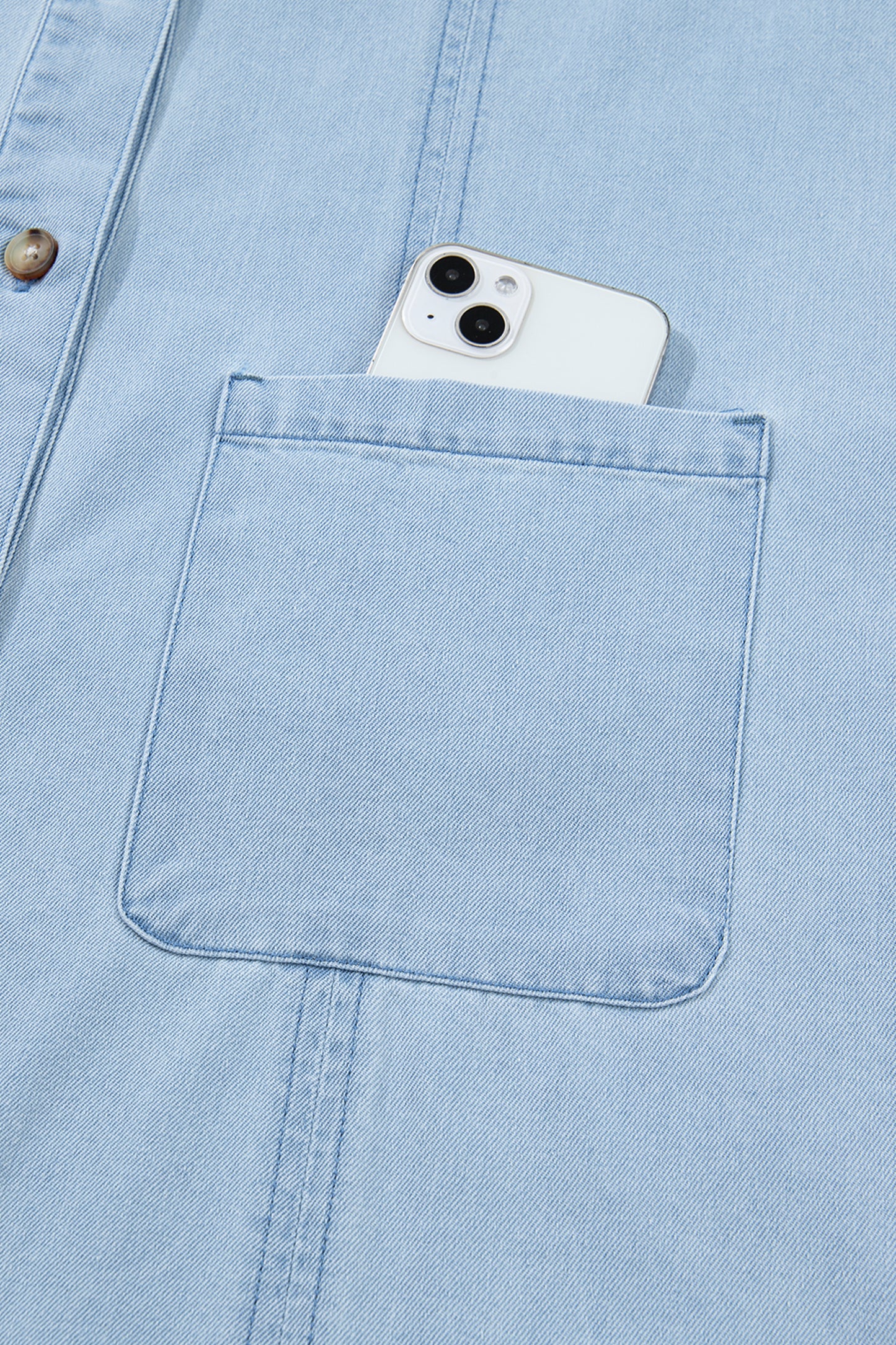 Beau Blue Ruffled Edge Collared Shift Denim Dress with Pockets