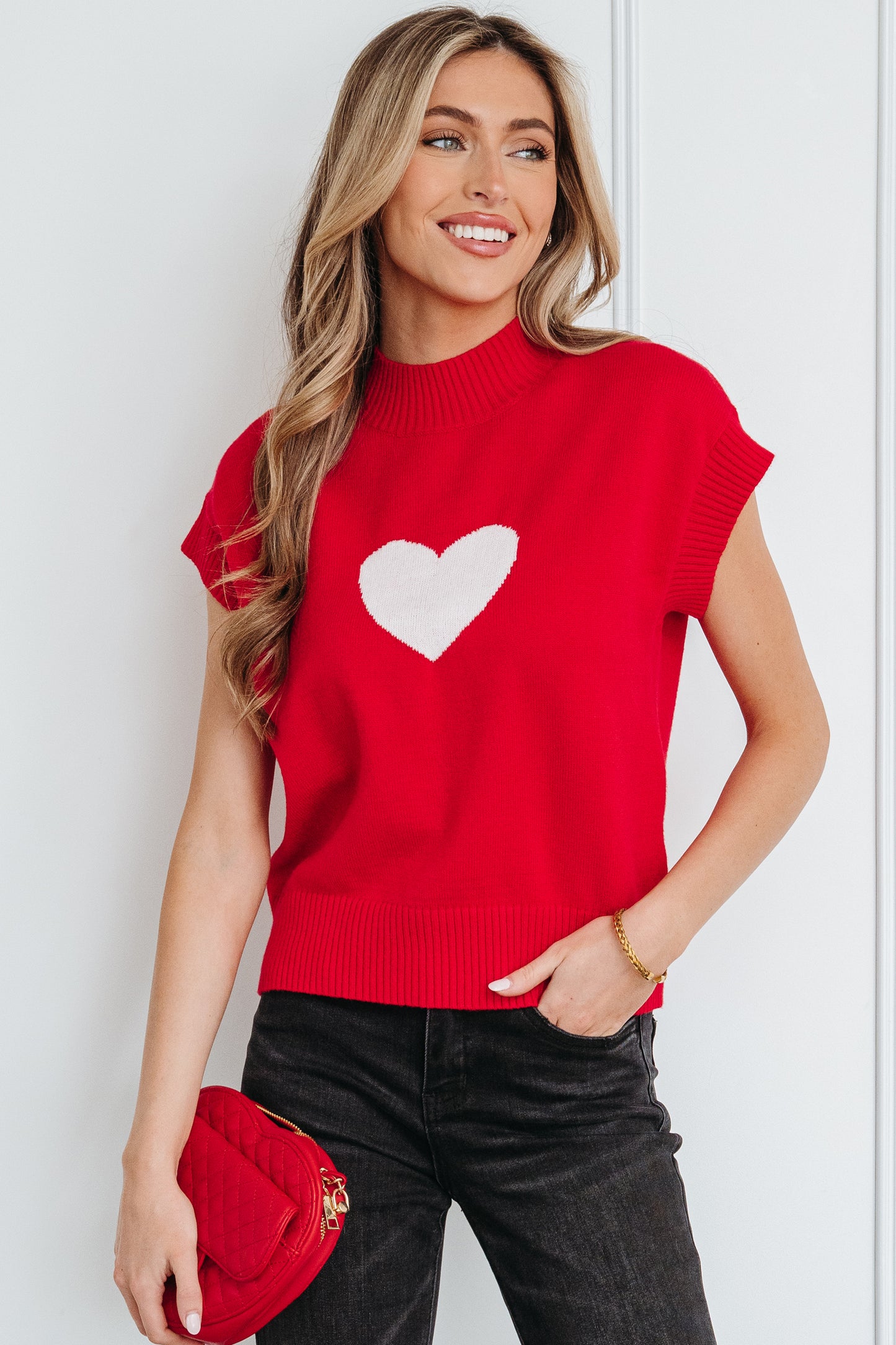 Pink Valentine Heart Graphic Cropped Short Sleeve Sweater