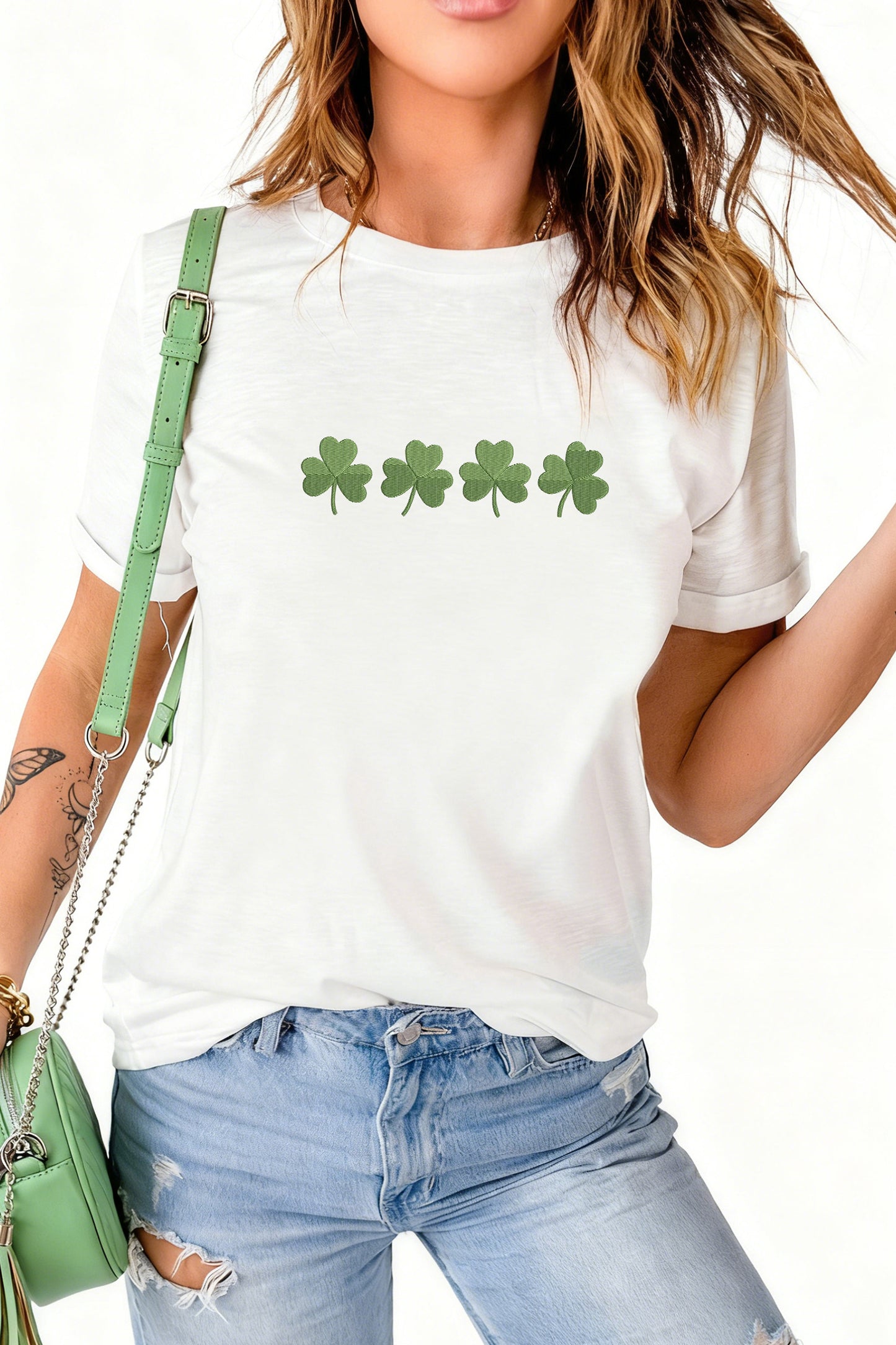 White Embroidered Clover St Patricks Fashion Graphic Tee