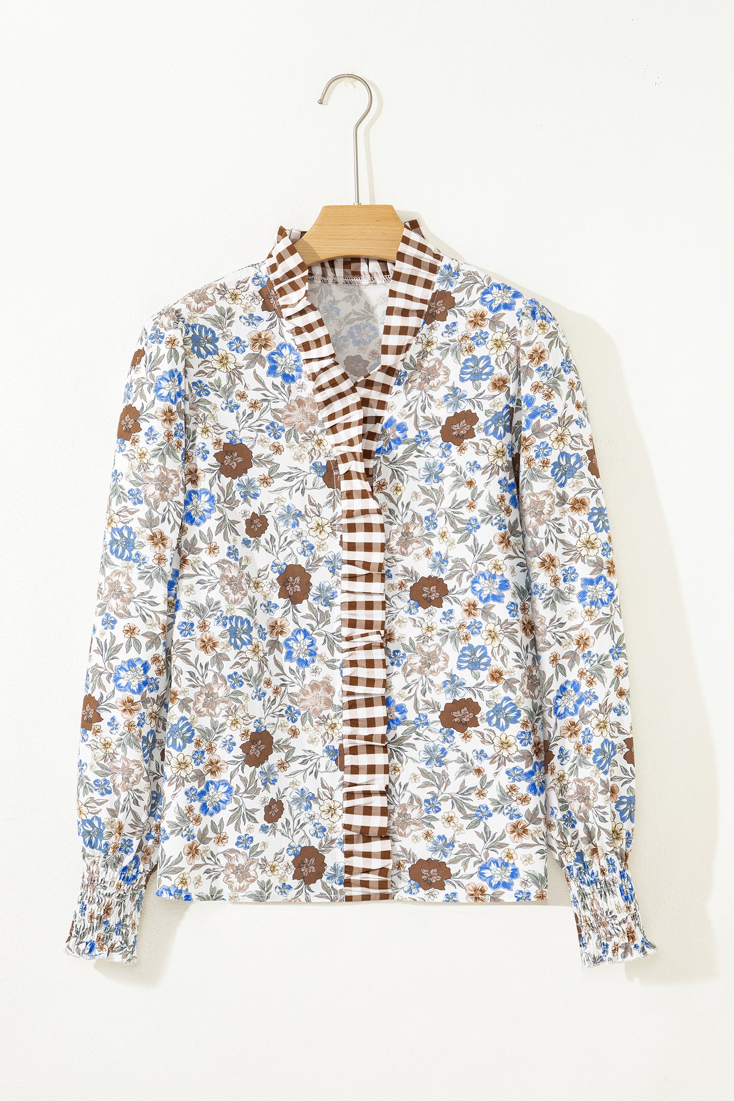 Brown Plaid Frilled Trim V Neck Floral Long Sleeve Blouse