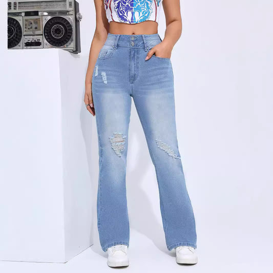 Women's High Elastic Hole Slim Fit All-match Denim Trousers