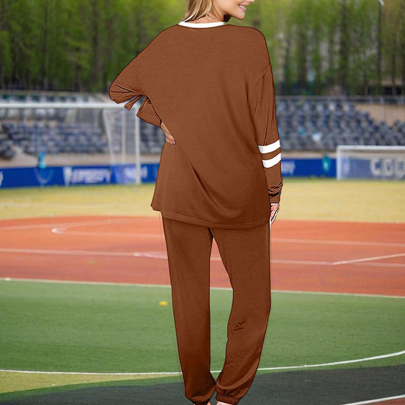 Women's Casual Striped Tracksuit Set, Long Sleeve Crewneck Sweatshirt And Drawstring Jogger Pants, 2-Piece Outfit For Spring And Fall