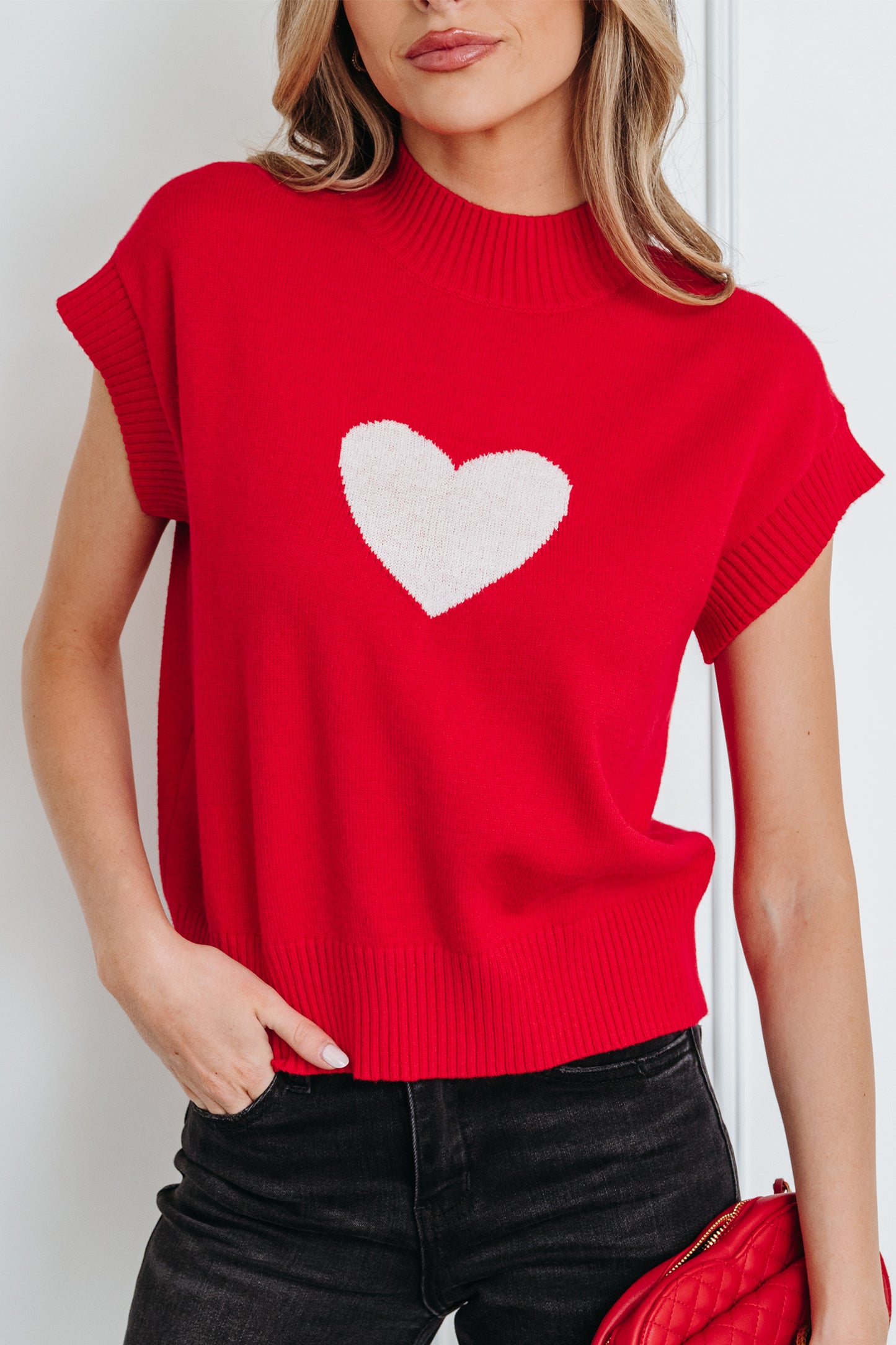 Pink Valentine Heart Graphic Cropped Short Sleeve Sweater