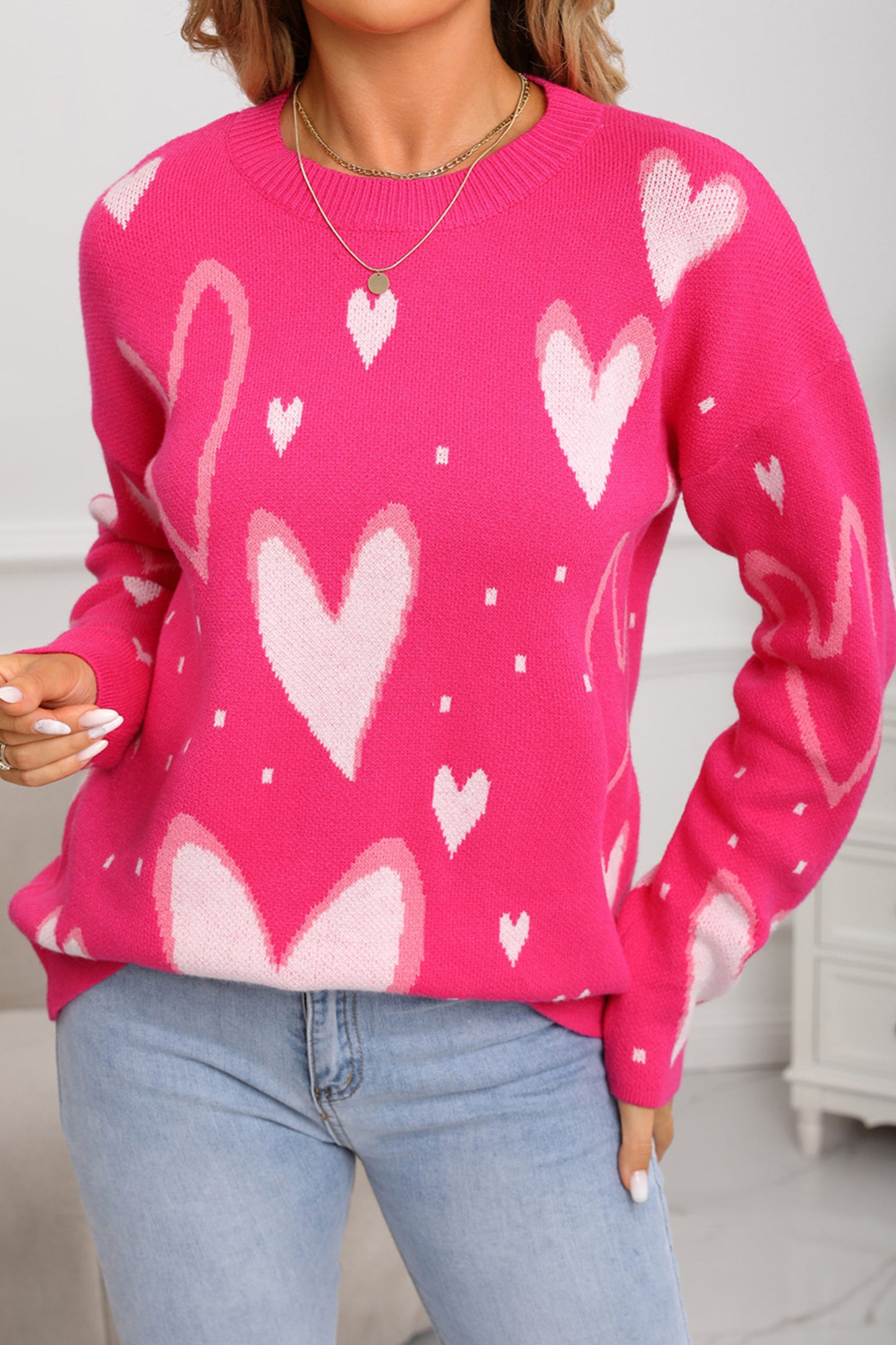 Rose Red Splendid Heart Print Sweater