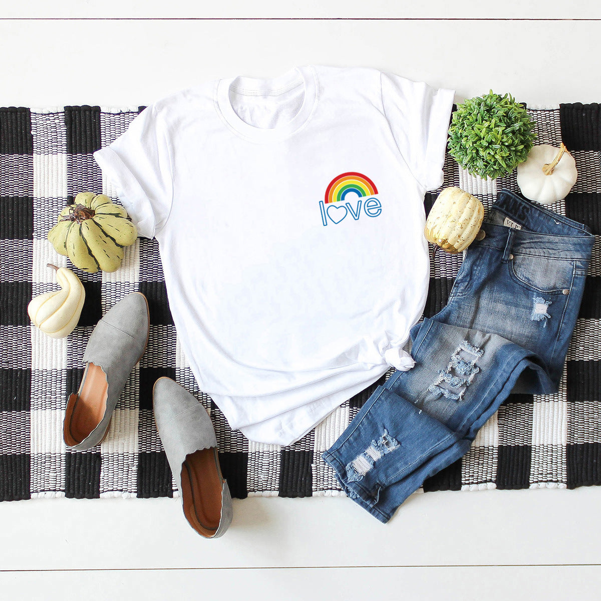 European And American Women's Blouse Cute Pocket Rainbow Pure Cotton Short-sleeved T-shirt Women