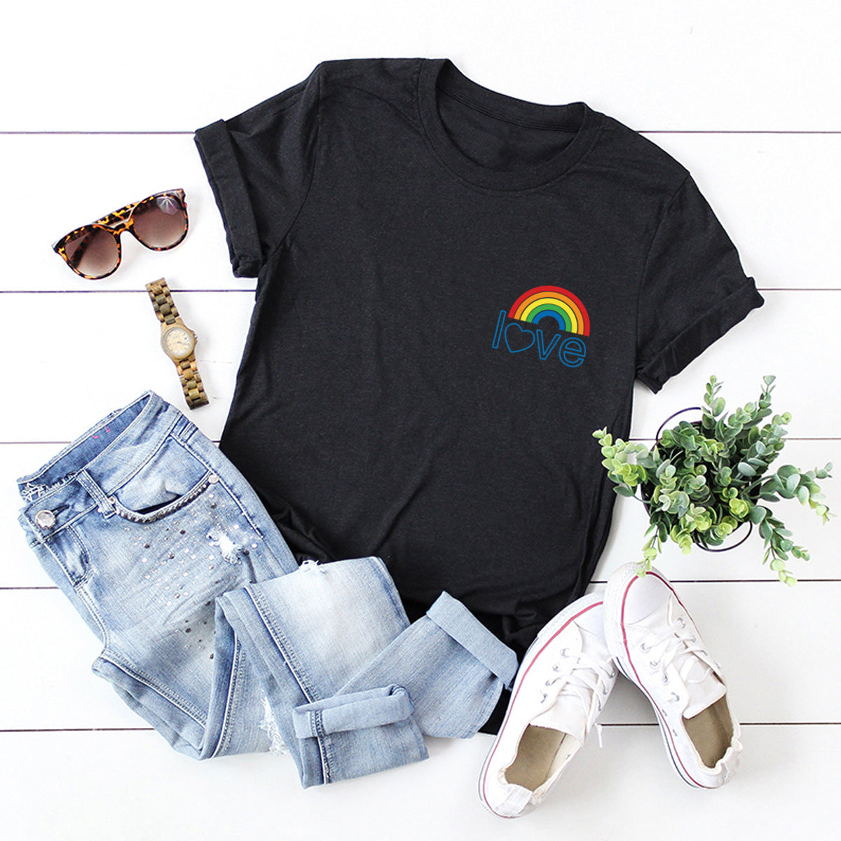 European And American Women's Blouse Cute Pocket Rainbow Pure Cotton Short-sleeved T-shirt Women