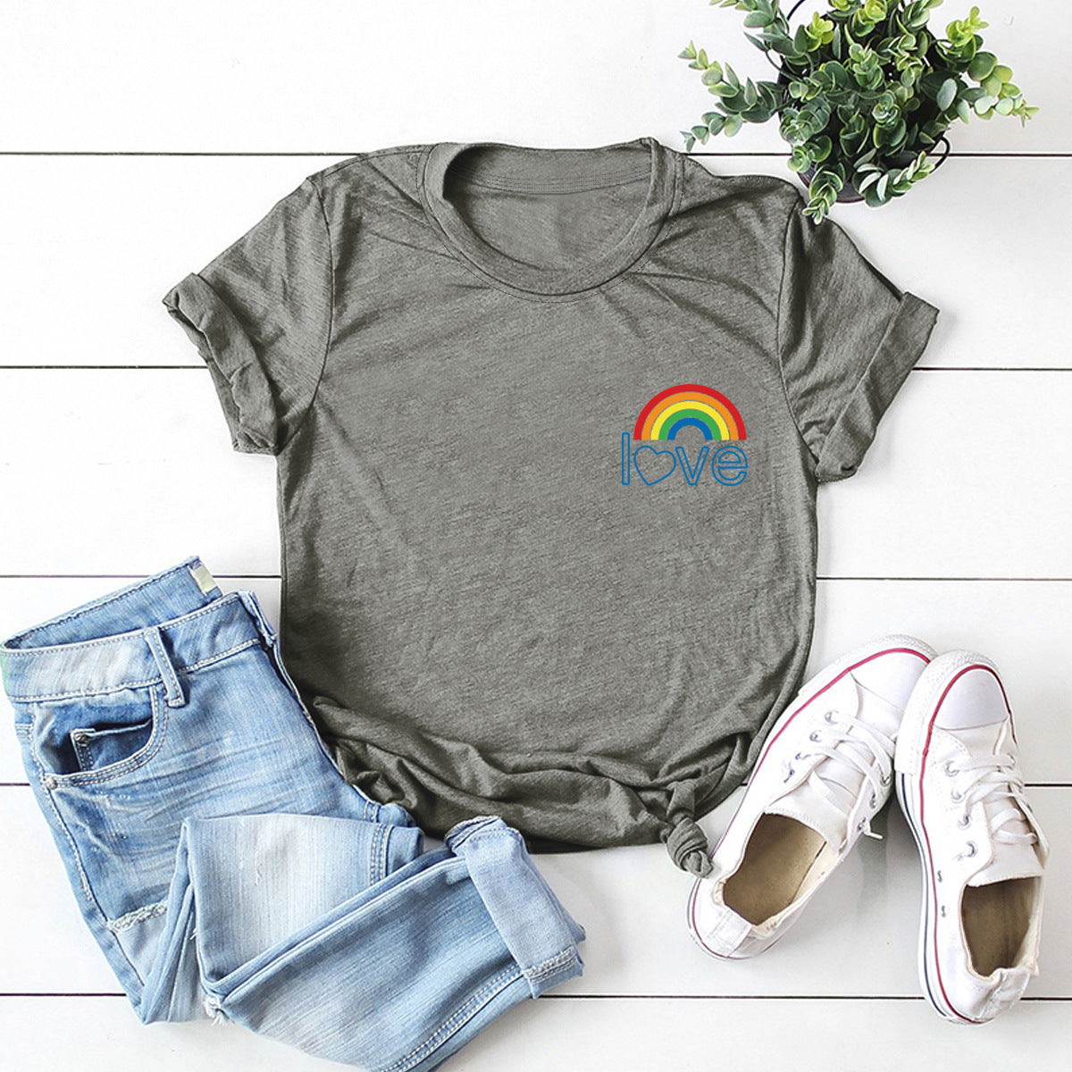 European And American Women's Blouse Cute Pocket Rainbow Pure Cotton Short-sleeved T-shirt Women