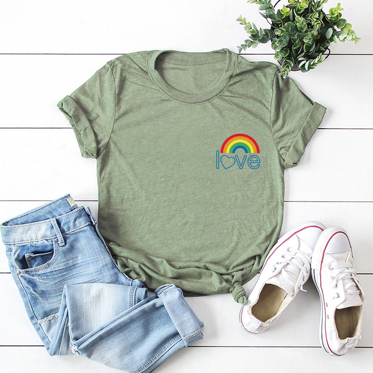 European And American Women's Blouse Cute Pocket Rainbow Pure Cotton Short-sleeved T-shirt Women