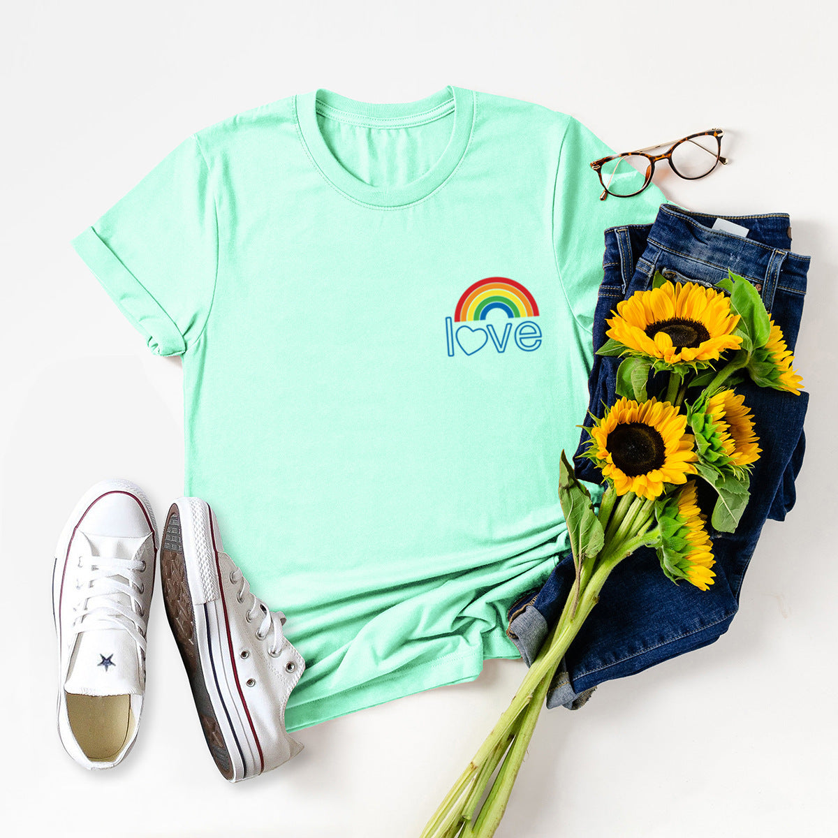 European And American Women's Blouse Cute Pocket Rainbow Pure Cotton Short-sleeved T-shirt Women