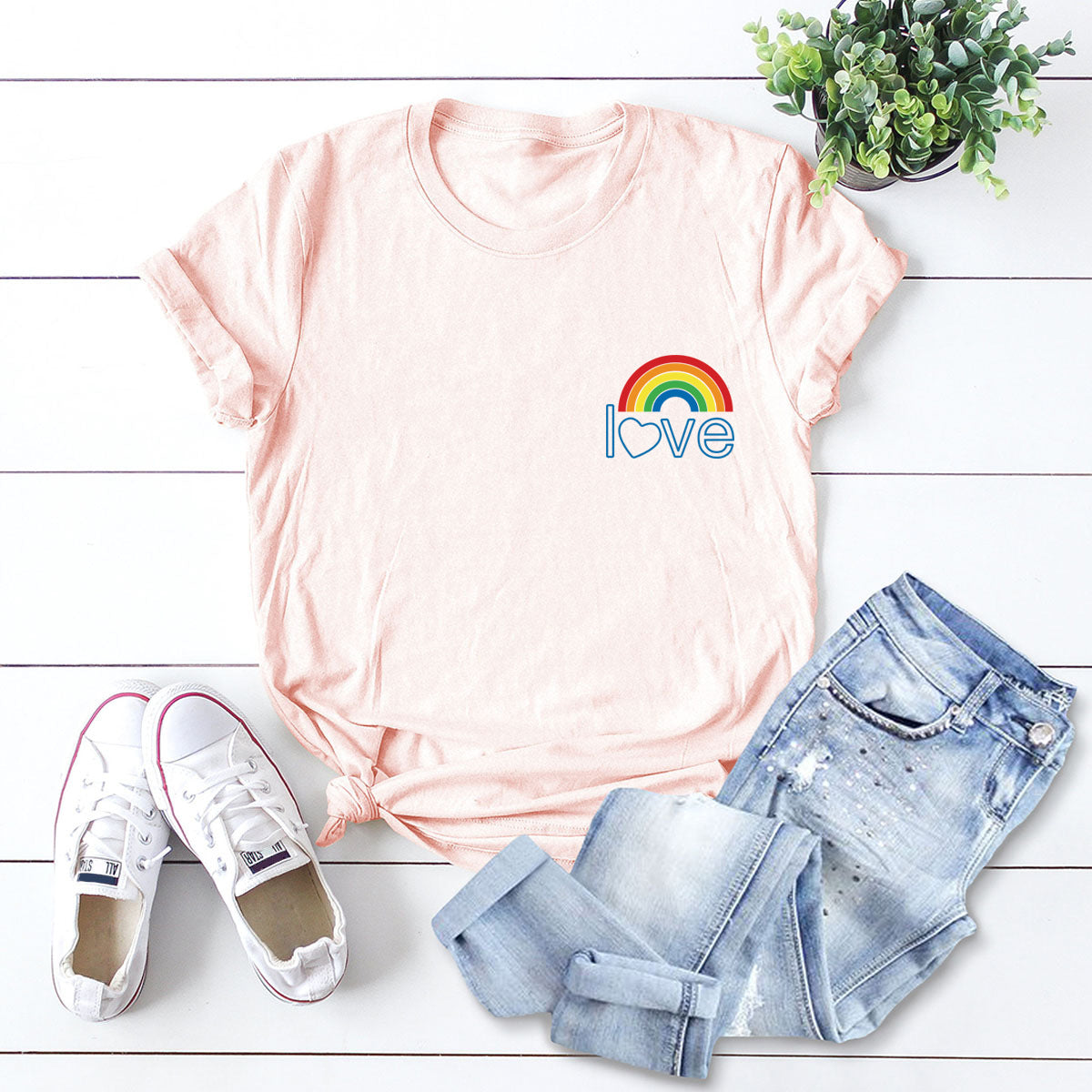 European And American Women's Blouse Cute Pocket Rainbow Pure Cotton Short-sleeved T-shirt Women