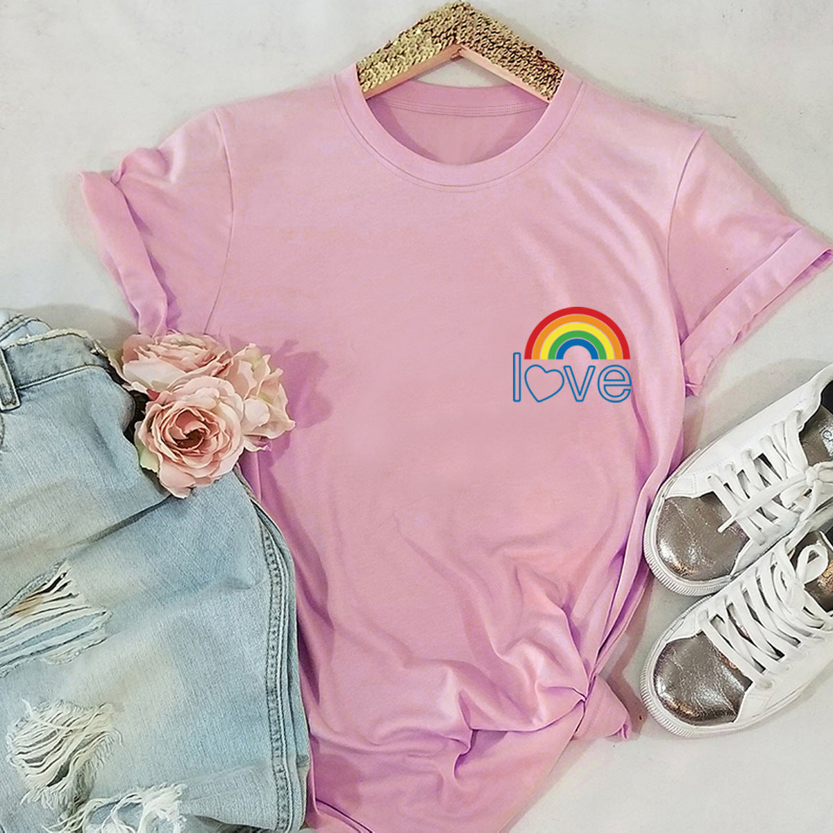 European And American Women's Blouse Cute Pocket Rainbow Pure Cotton Short-sleeved T-shirt Women