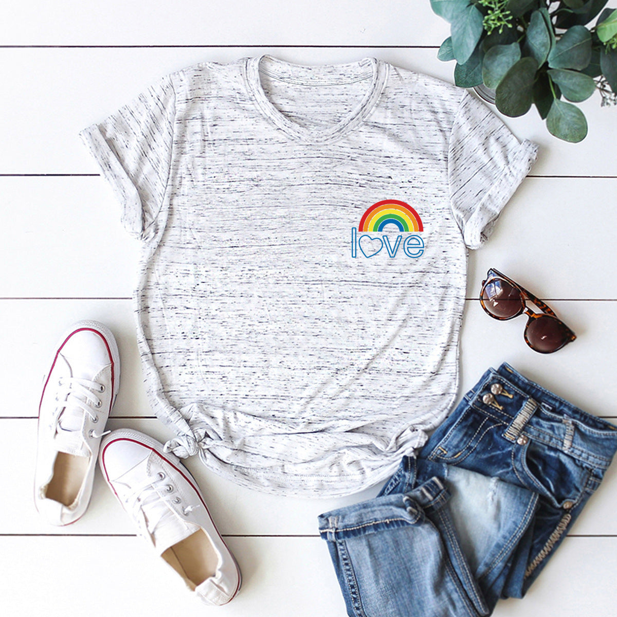 European And American Women's Blouse Cute Pocket Rainbow Pure Cotton Short-sleeved T-shirt Women