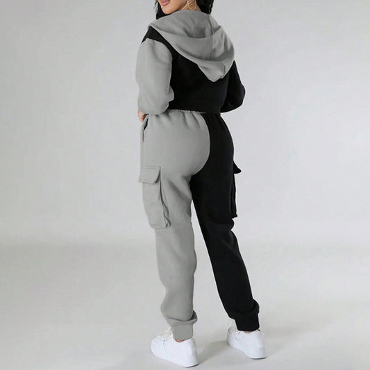 Women's Color Block 2 Piece Set, Full Zip Up Cropped Hoodie Jacket & Drawstring Cargo Pants, Casual Streetwear Outfit