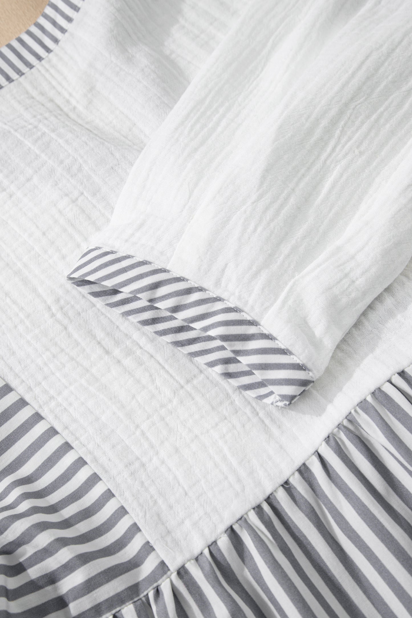 Gray Stripe Half Button Gauze Patchwork Bracelet Sleeve Babydoll Blouse