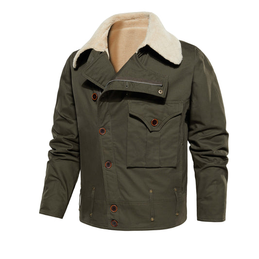 Men's Work Jacket With Multiple Pockets, Collared, Thickened, Autumn & Winter Warm Outerwear