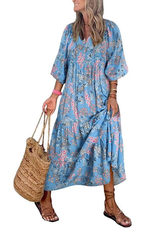 Geometric Print Puff Sleeve Dress Plus Size Women's Clothing