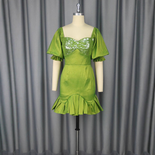 Sequin Stitching Ruffled Banquet Sheath Evening Dress