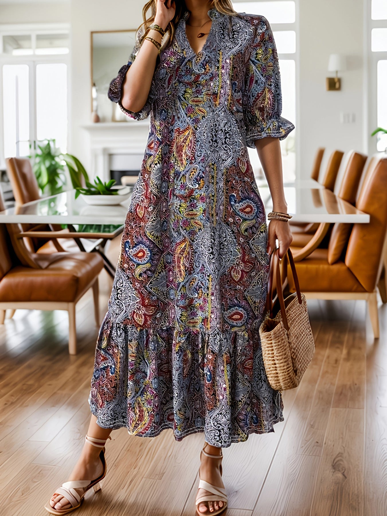Women's Clothing Printed V-neck Plus Size Dress