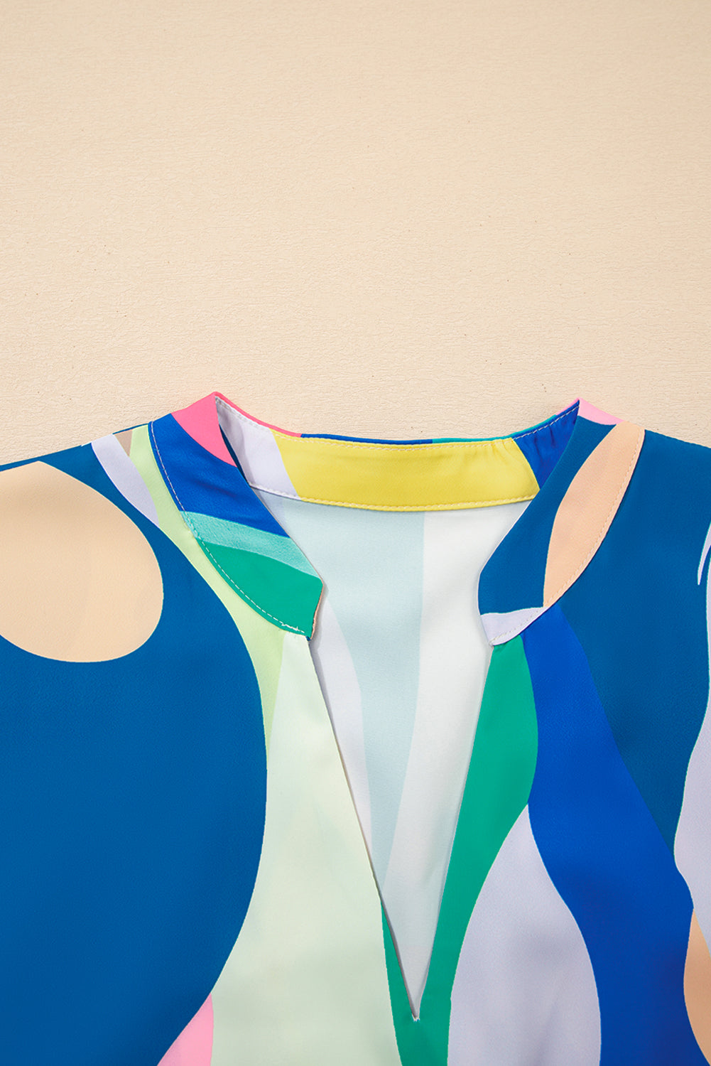 Blue Abstract Print V Neck Cap Sleeve Pocketed Mini Dress