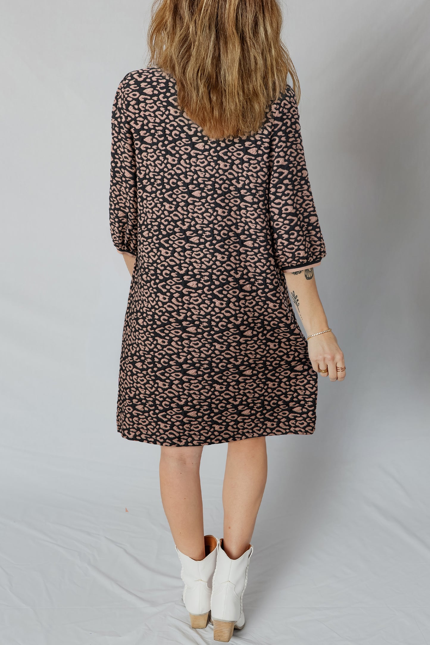 Black Leopard Print Bubble Sleeve Shift Mini Dress