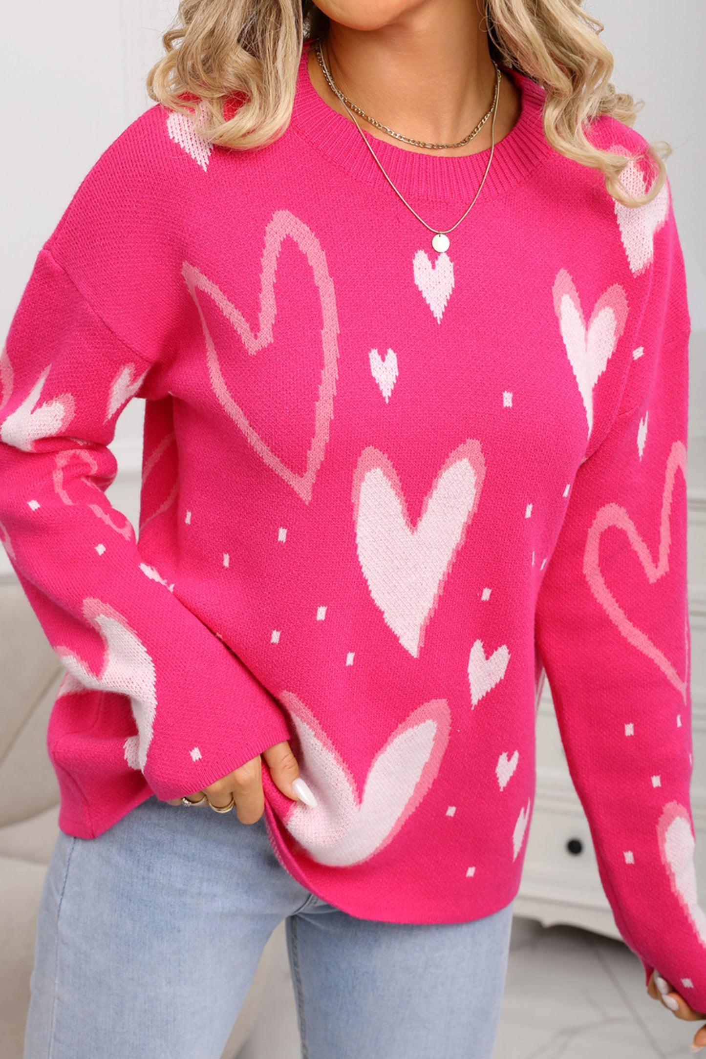 Rose Red Splendid Heart Print Sweater