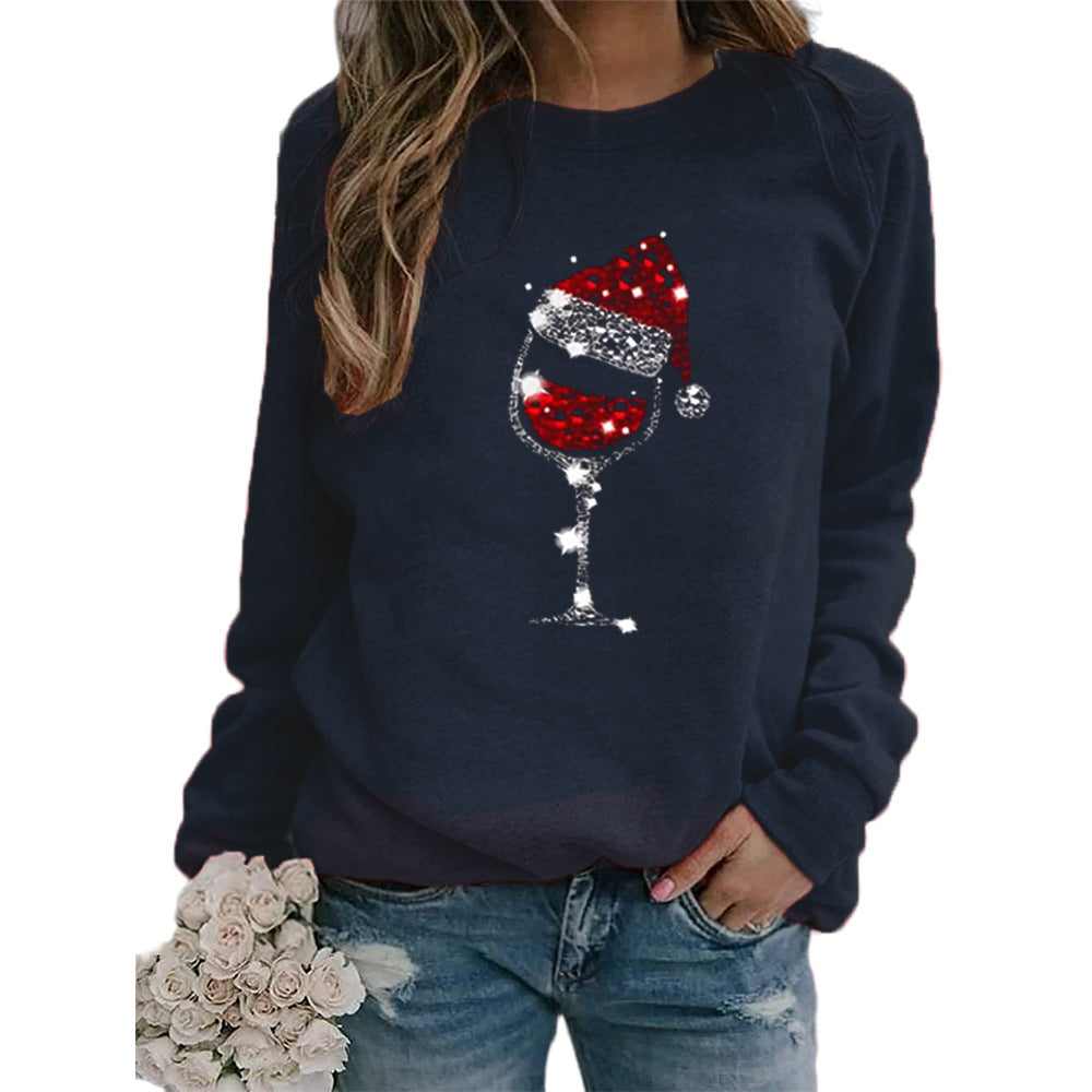 Clothing Christmas Women's Sweater Christmas Hat Red Wine Glass Graphic Print Crew Neck Long-sleeved Sweater