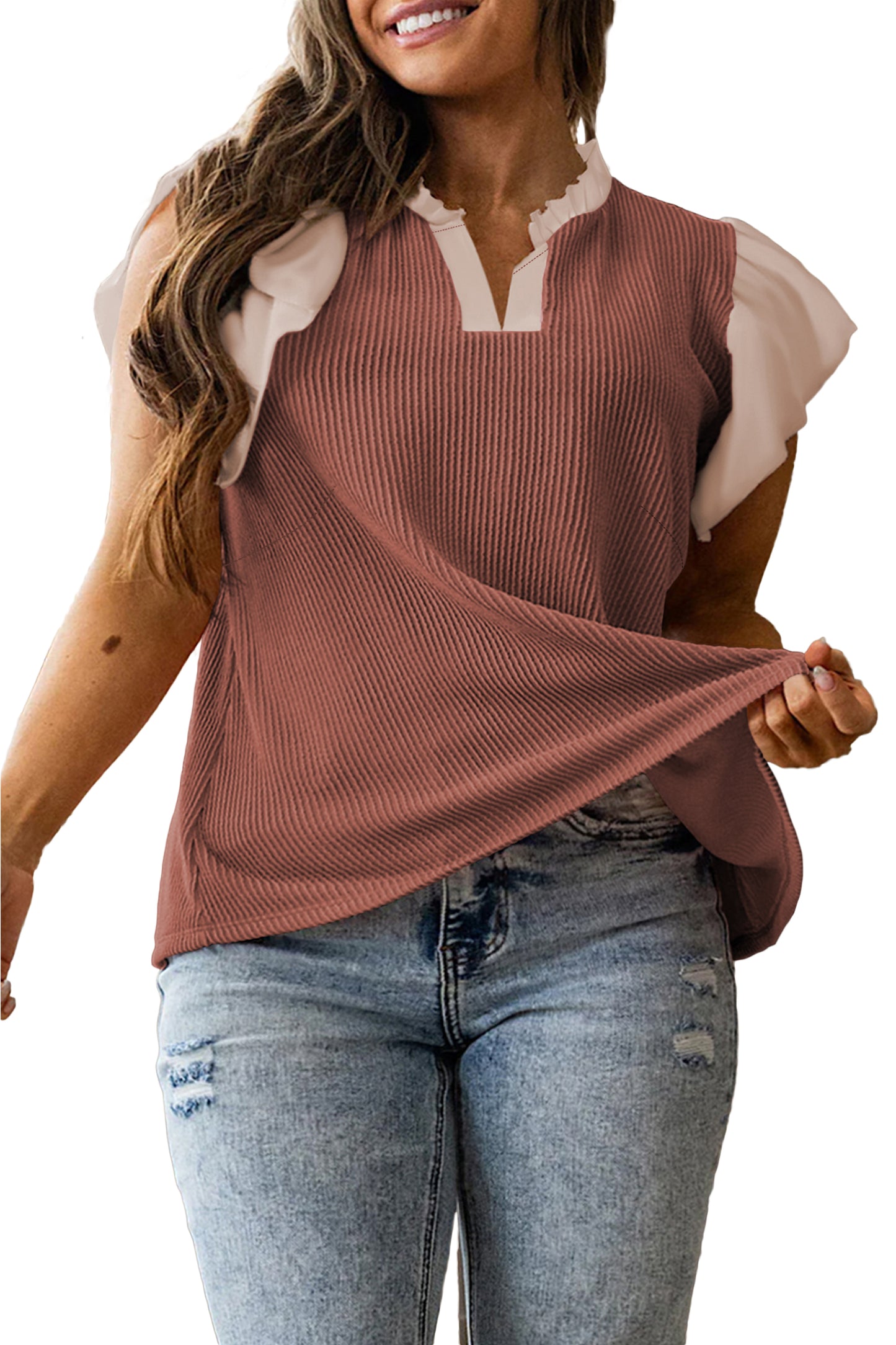 Black Plus Size Contrast Frilled Neckline Ruffled Short Sleeve Ribbed Textured Blouse