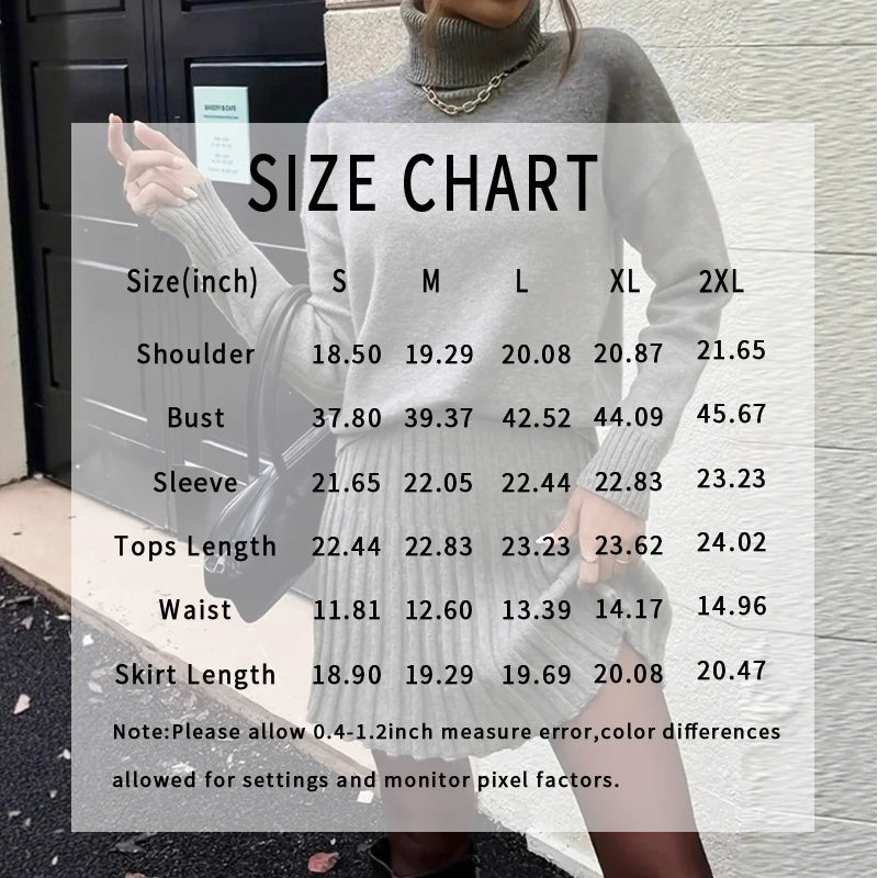 Women's Ribbed Knit Two Piece Set, Long Sleeve Turtleneck Pullover And Mini Skirt Outfit