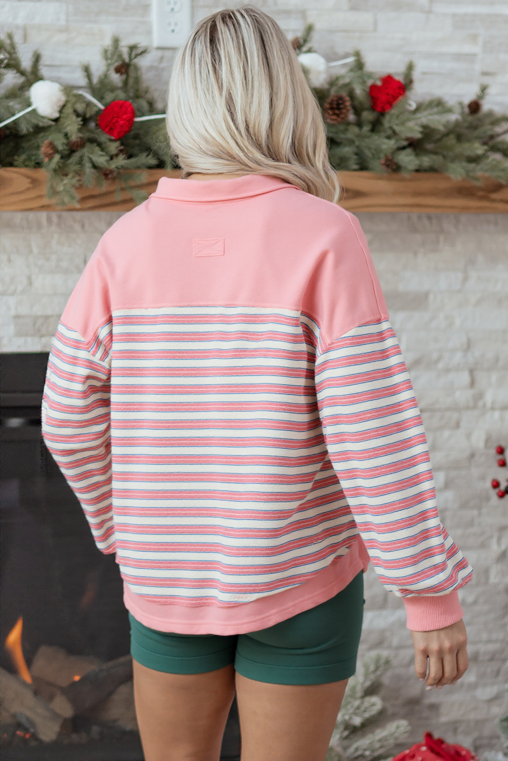 Pink Stripe Buttoned V Neck Collared Drop Shoulder Top