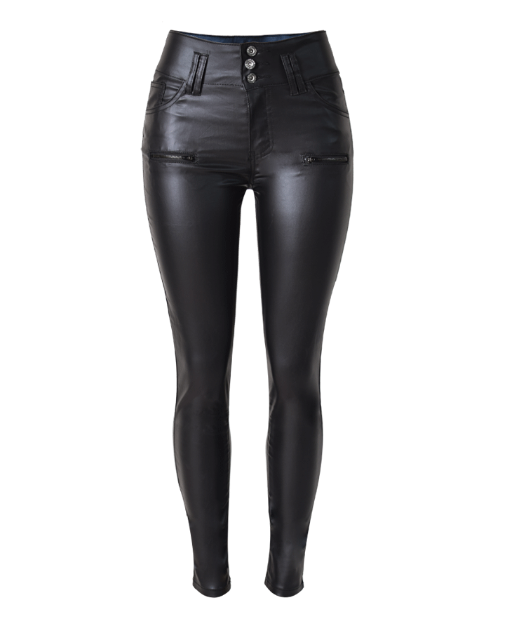 High Waist 3-button Slim-fit Leather Skinny Pants
