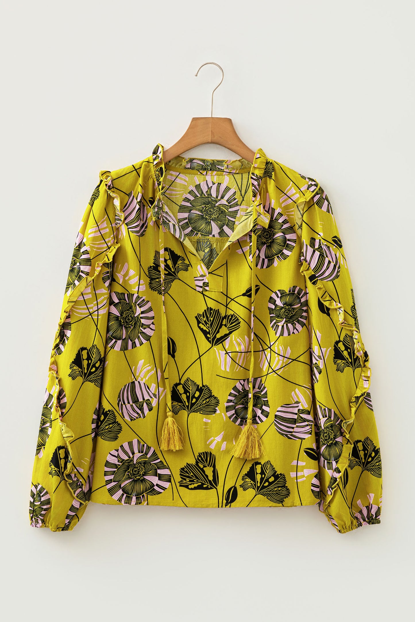 Yellow Vintage Floral V Neck Ruffle Trim Long Sleeve Blouse