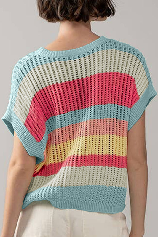 Green Stripe Color Block Hollow Out Knit Short Sleeve Sweater