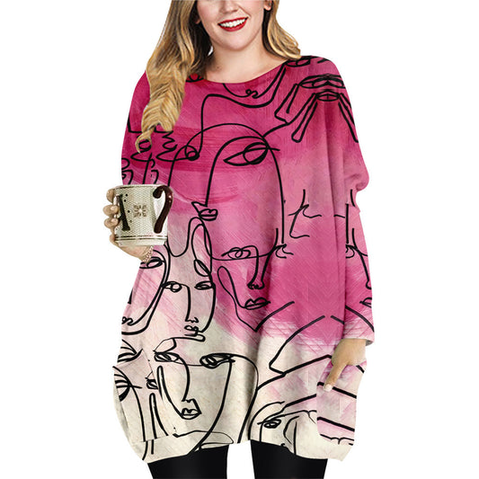 Abstract Face Plus Size Women's Clothing Crew Neck Casual Loose Dress