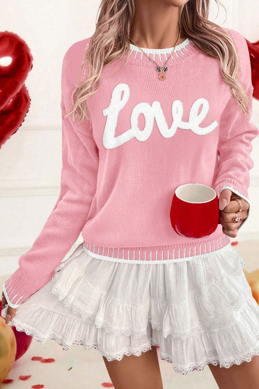 Pink Valentine Love Chenille Letter Graphic Sweater