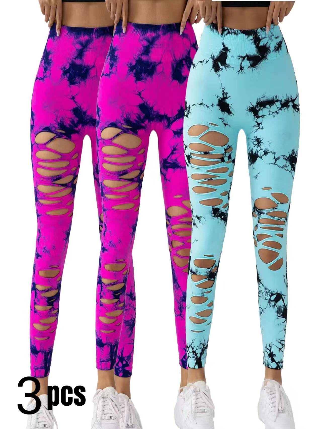 3 Pack New Style Hollow-Out Tie-Dye High-Waisted Tummy-Control Yoga Pants