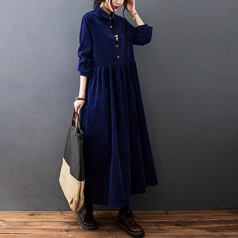 Autumn Clothing New Women's Clothing Plus Size Leisure Warm Corduroy Lapel Long Dress