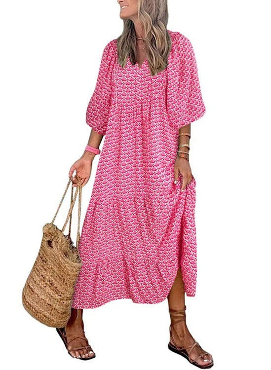 Geometric Print Puff Sleeve Dress Plus Size Women's Clothing