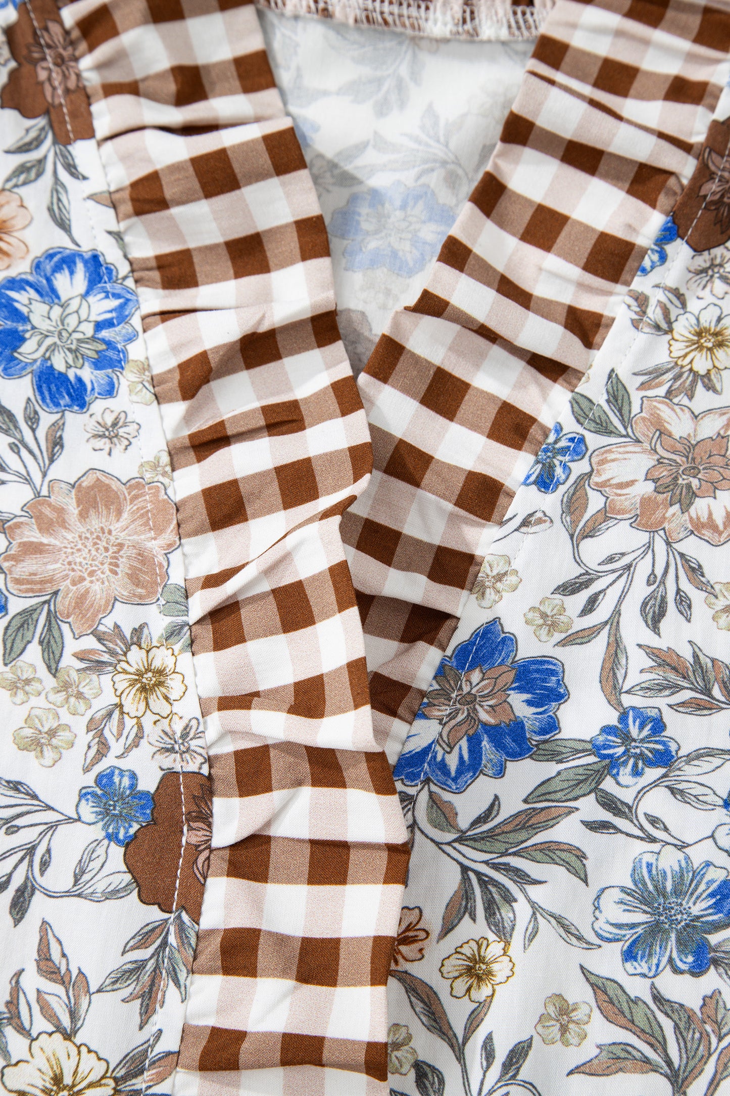 Brown Plaid Frilled Trim V Neck Floral Long Sleeve Blouse