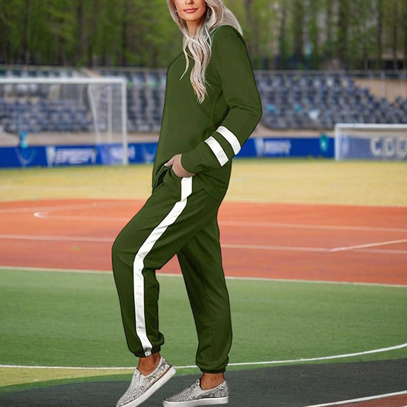 Women's Casual Striped Tracksuit Set, Long Sleeve Crewneck Sweatshirt And Drawstring Jogger Pants, 2-Piece Outfit For Spring And Fall