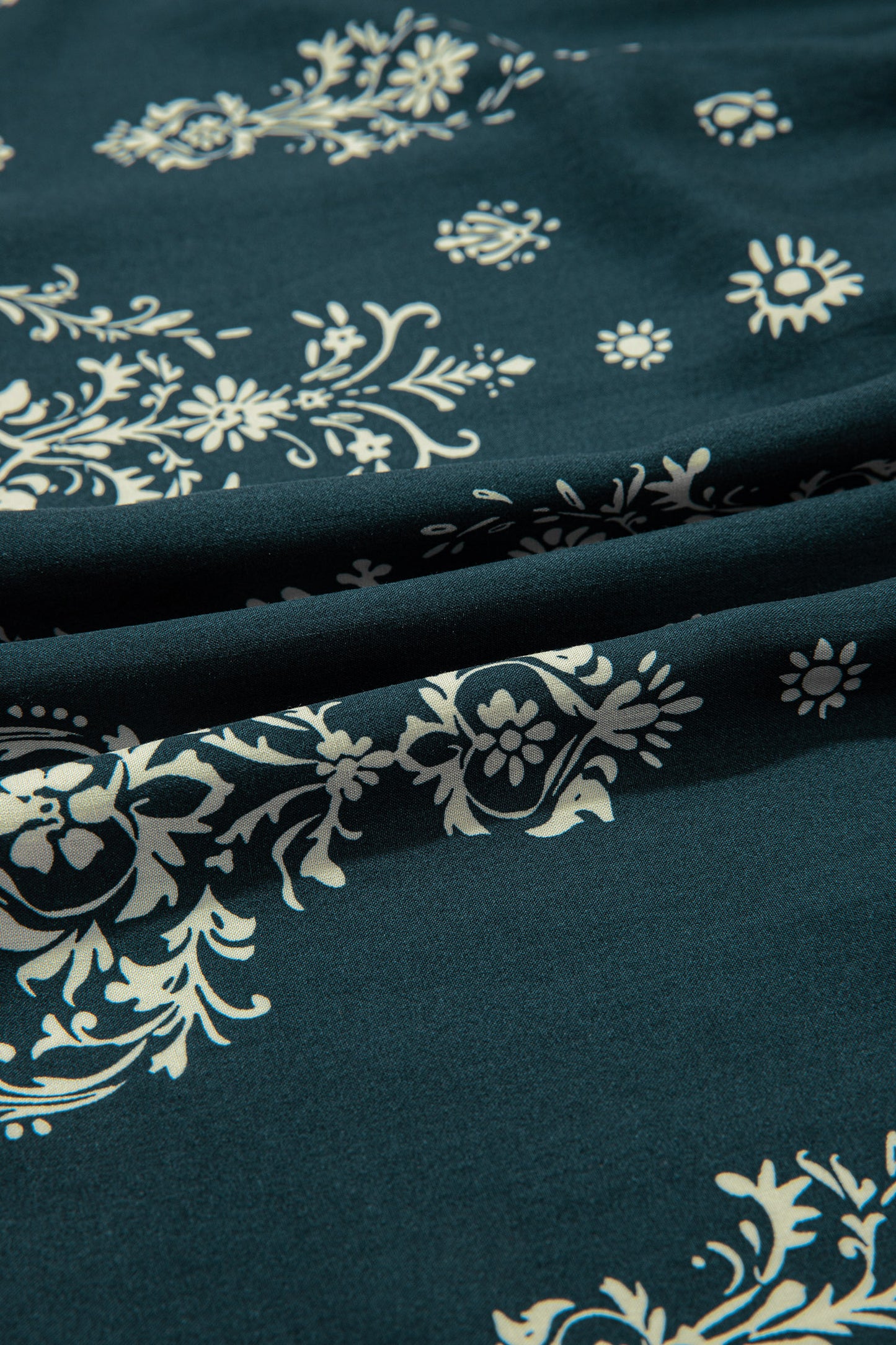 Blue Boho Floral Print Lettuce Trim 3/4 Sleeve Mini Dress